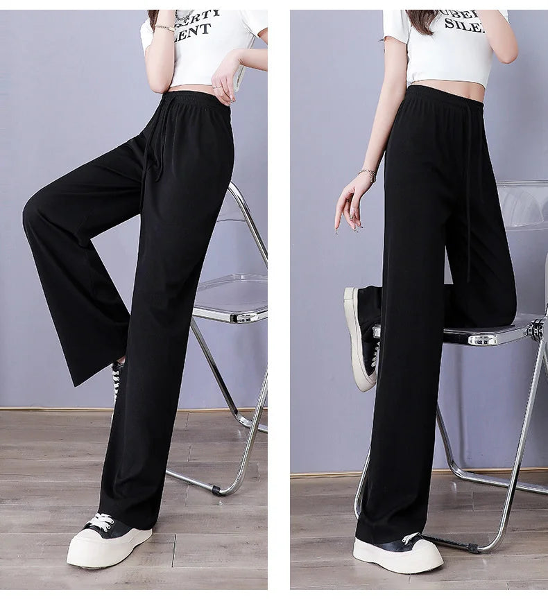 Women Long Pants Causal Elastic Waist Loose Basic Long Trousers For Female Spring Summer Wide Leg Long Pants