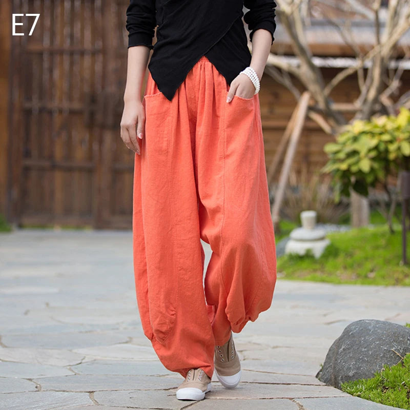 Women Vintage Literature Tie-dye Pants Summer Cotton Linen All-match Harem Pants Lady Casual Loose Bloomers Wide Leg Trousers