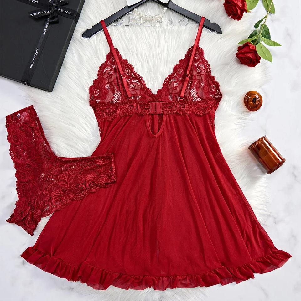 Women Sleepwear Sexy Lingerie Lace Nightdress Mini Dress with Panties Underwear Two-piece Red Backless Pajamas Nightgown Gift