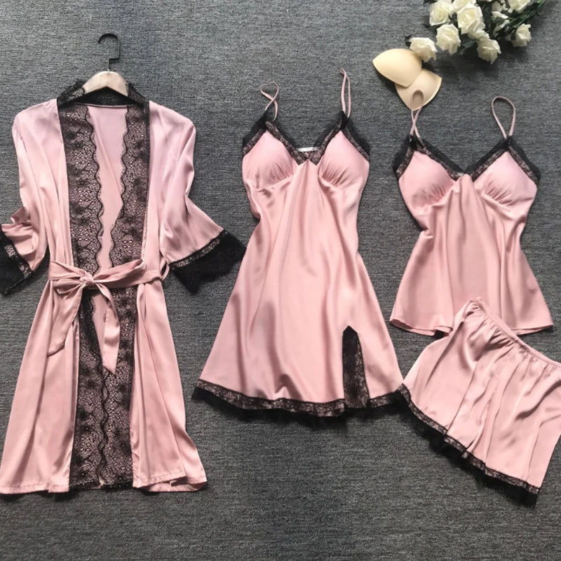 4 Pieces Women's Sexy Lace Pajamas Fashion V-Neck Gown Comfort Pajamas Pajamas Pajamas With Chest Pads Nightdress Casual Loungew