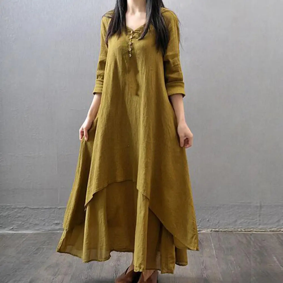 Women Elegant Linen White Dresses Bohemia Layering Vintage Robe Long Sleeve Loose Long Dress Female Autumn Vestidos