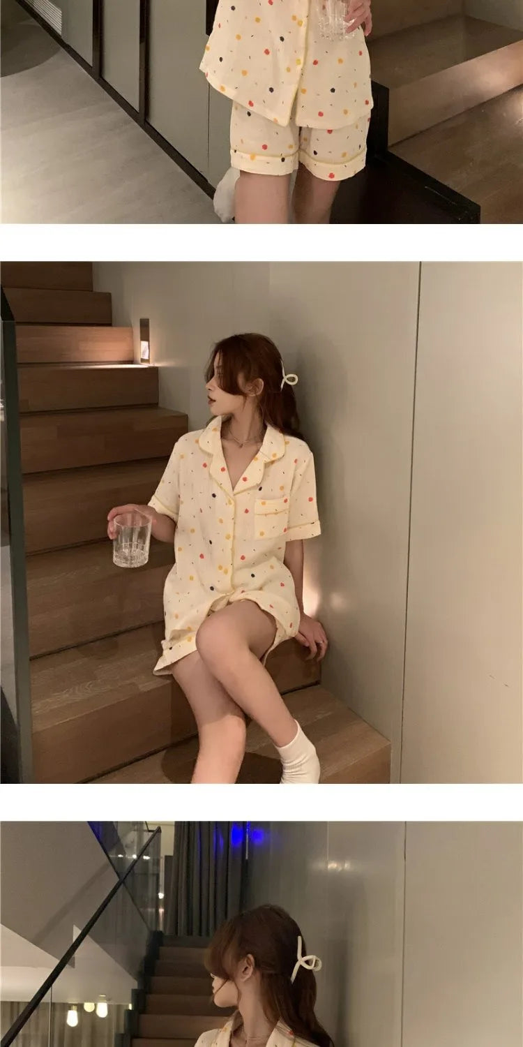 Women's Pajamas Set Foam Cotton Sleepwear Button down Tops and Shorts Pajama 2 Piece Suit Femme Nightwear Loungewear for Summer