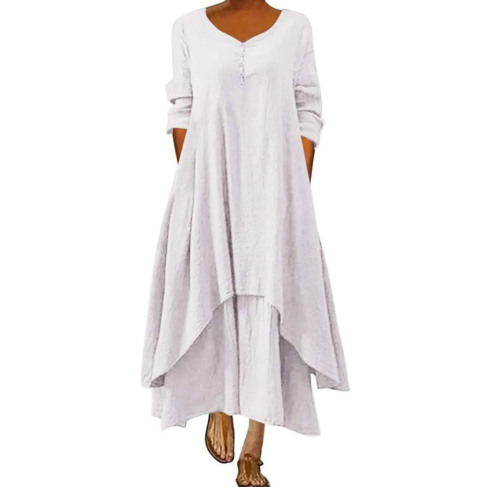 Women Elegant Linen White Dresses Bohemia Layering Vintage Robe Long Sleeve Loose Long Dress Female Autumn Vestidos