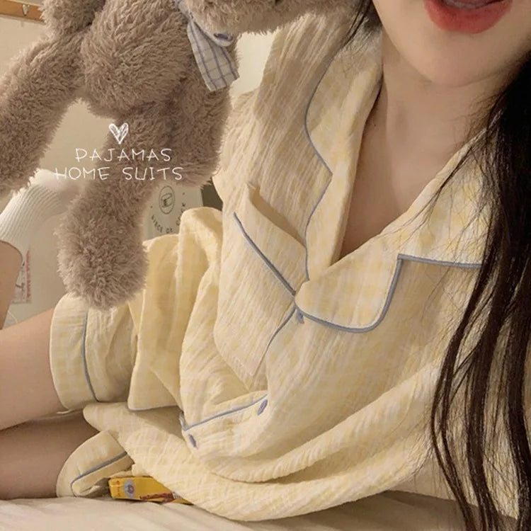 Women's Pajamas Set Foam Cotton Sleepwear Button down Tops and Shorts Pajama 2 Piece Suit Femme Nightwear Loungewear for Summer