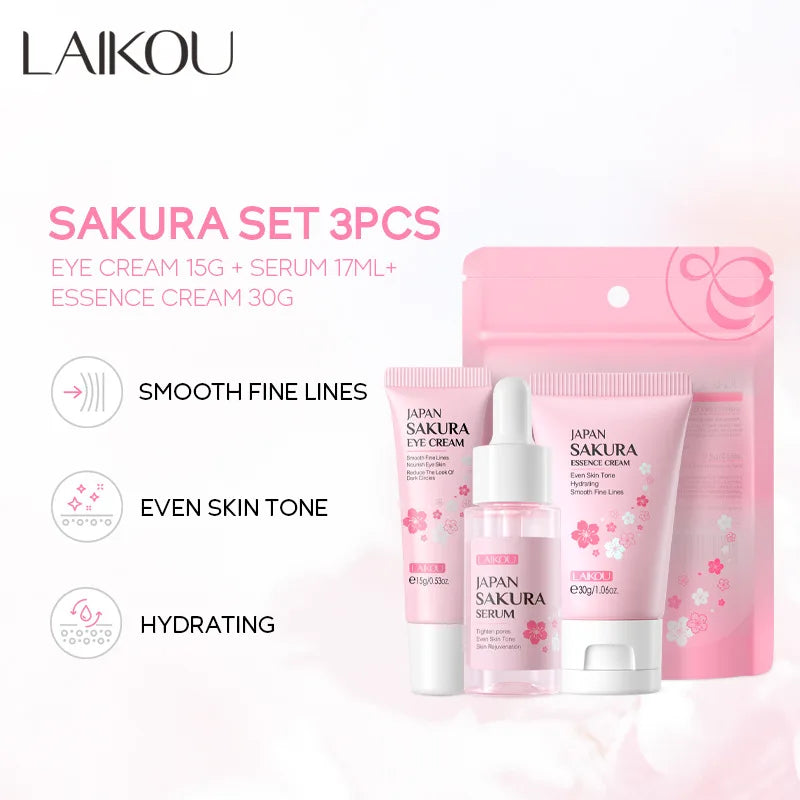 3pcs/set LAIKOU Vitamin C 24K Golden Sakura Skin Care Sets Face Cream Serum Eye Cream Moisturizing Anti Wrinkles Face Care Kit