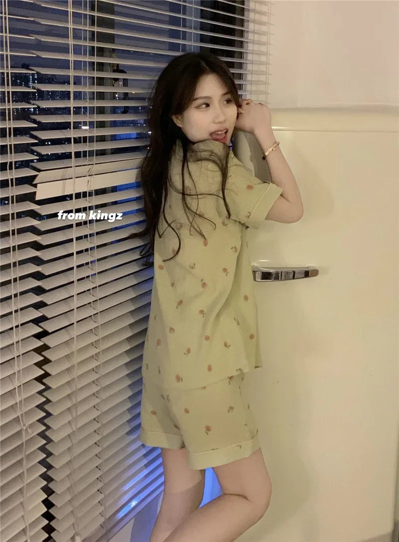 Women's Pajamas Set Foam Cotton Sleepwear Button down Tops and Shorts Pajama 2 Piece Suit Femme Nightwear Loungewear for Summer