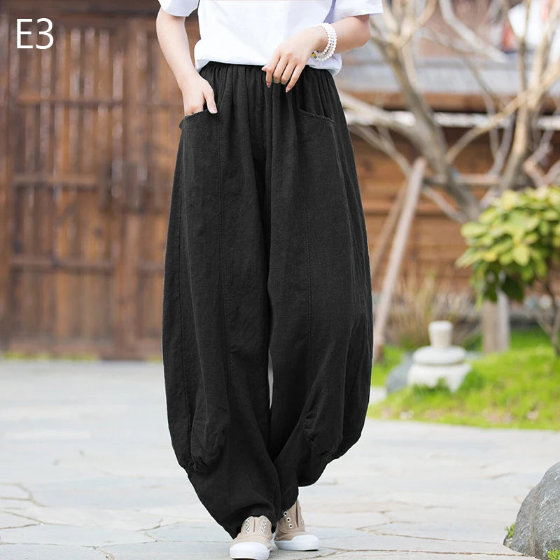 Women Vintage Literature Tie-dye Pants Summer Cotton Linen All-match Harem Pants Lady Casual Loose Bloomers Wide Leg Trousers