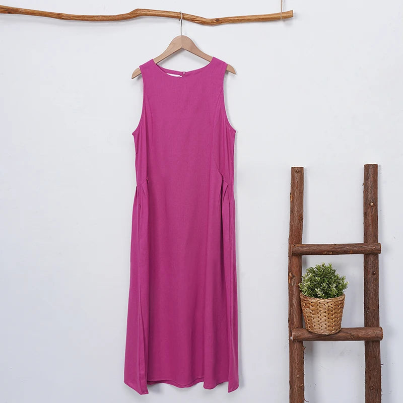 Women New Dresses Cotton Linen Sleeveless Loose Casual O-Neck Long Dress Robes vestidos casuales платье женское