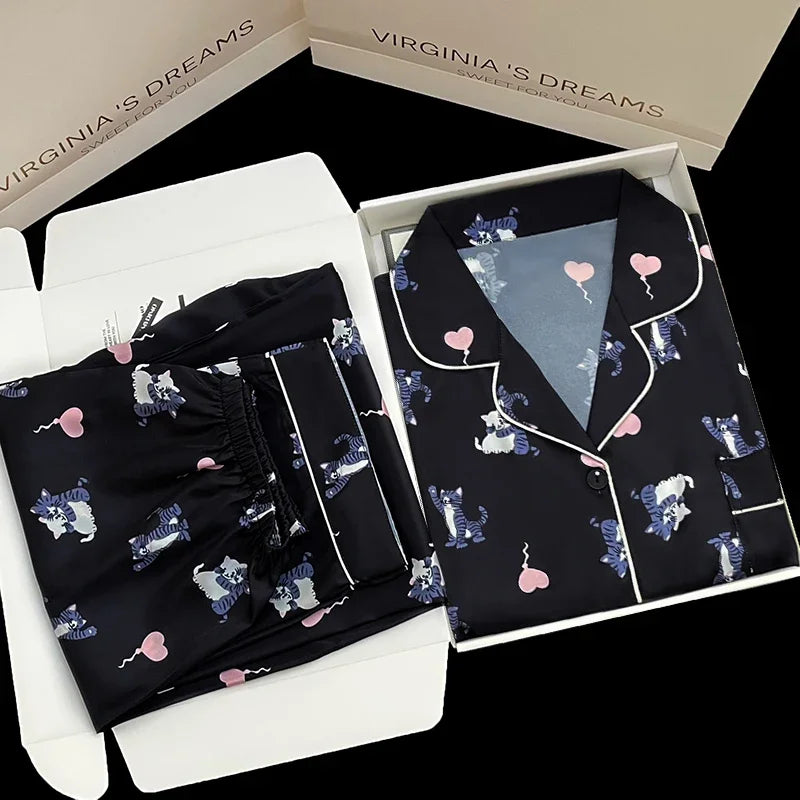 European Style Elegant Classy Fashion Trendy Female Lounges Aesthetics Print Spring Autumn Sleepwear for Women Y2k Sweet Pajamas