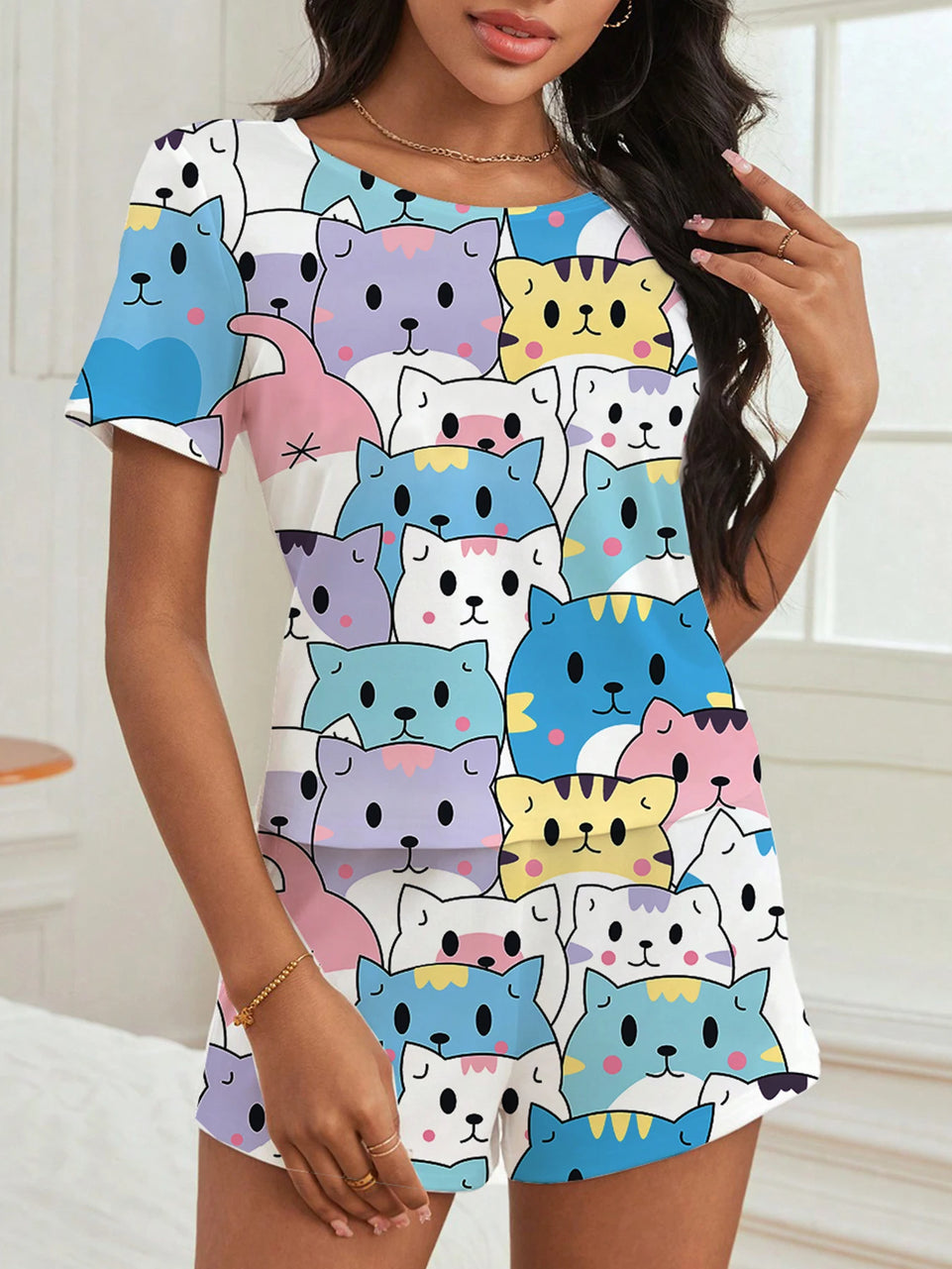 Women Sleepwear Set Short Sleeve Round Neck Top Elastic Shorts Allover Prints Cartoon Cat Summer Pajamas Set Casual Loungewear