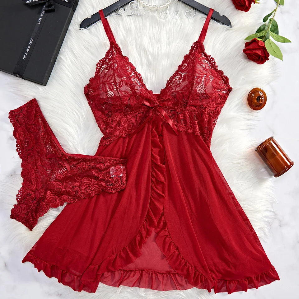 Women Sleepwear Sexy Lingerie Lace Nightdress Mini Dress with Panties Underwear Two-piece Red Backless Pajamas Nightgown Gift