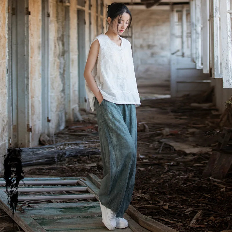 Women Vintage Literature Tie-dye Pants Summer Cotton Linen All-match Harem Pants Lady Casual Loose Bloomers Wide Leg Trousers