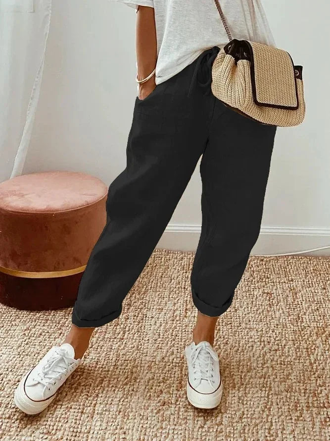 Women's Casual Pants Solid Color Drawstring Elastic Waist Trousers with Pockets Lounge Fashion Straight Pants