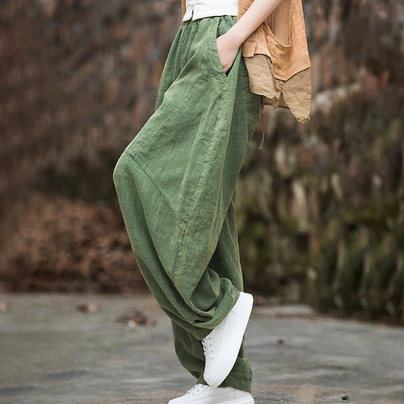 Women Vintage Literature Tie-dye Pants Summer Cotton Linen All-match Harem Pants Lady Casual Loose Bloomers Wide Leg Trousers