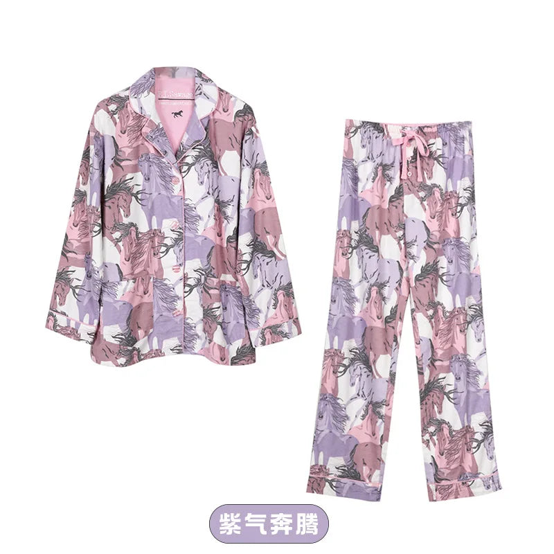 New Loungewear Women 2 Piece Set Pj Sets Loose Cartoon Women Outfit 100% Cotton Pajamas for Women Casual Sleepwear Set Pijamas