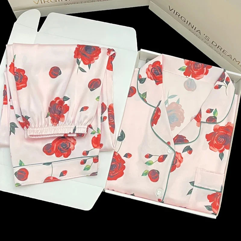 European Style Elegant Classy Fashion Trendy Female Lounges Aesthetics Print Spring Autumn Sleepwear for Women Y2k Sweet Pajamas