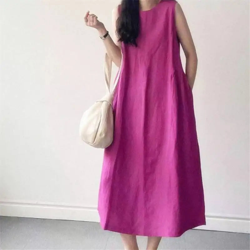 Women New Dresses Cotton Linen Sleeveless Loose Casual O-Neck Long Dress Robes vestidos casuales платье женское