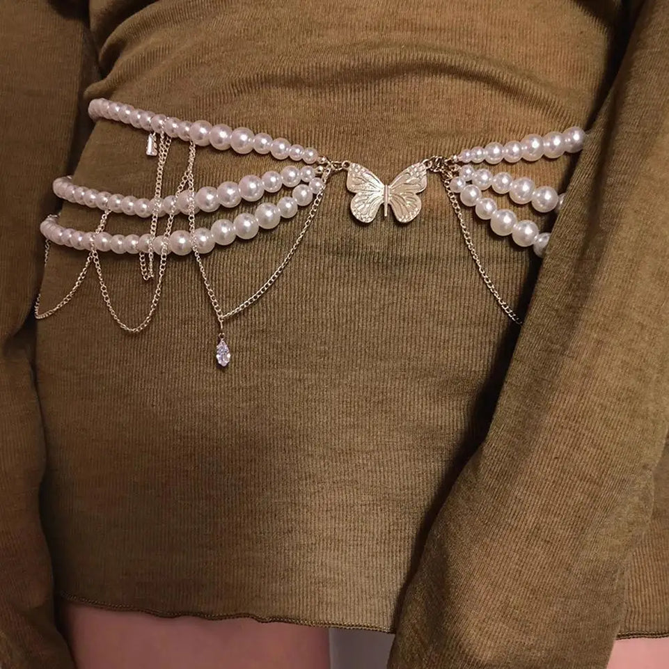 Fashion Y2K Retro Multilayer Pearl Waist Chain Belt For Women - Stylish Body Jewelry Accessories For Party & Casual Wear