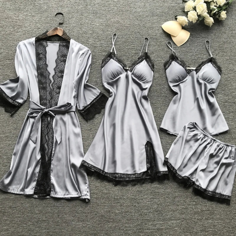 4 Pieces Women's Sexy Lace Pajamas Fashion V-Neck Gown Comfort Pajamas Pajamas Pajamas With Chest Pads Nightdress Casual Loungew