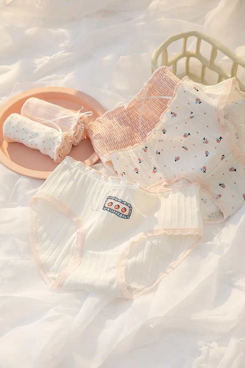 Women's Cotton Underwear Lovely Girl Bow Panties Sexy Lace Panties Mid Waist Seamless Comfort Briefs Female Lingerie