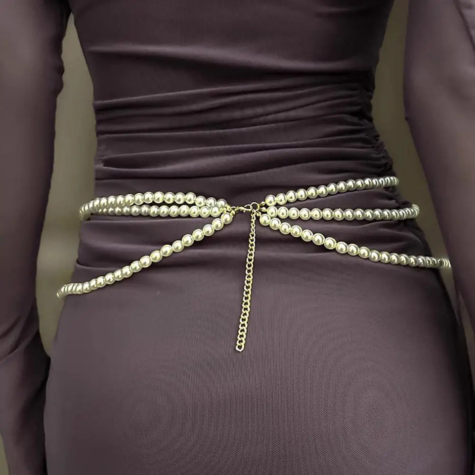 Fashion Y2K Retro Multilayer Pearl Waist Chain Belt For Women - Stylish Body Jewelry Accessories For Party & Casual Wear