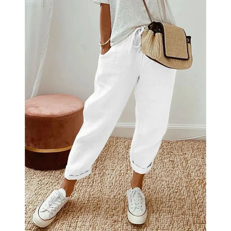 Women's Casual Pants Solid Color Drawstring Elastic Waist Trousers with Pockets Lounge Fashion Straight Pants