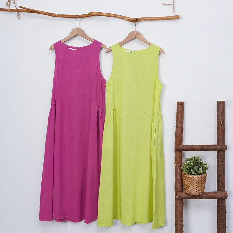 Women New Dresses Cotton Linen Sleeveless Loose Casual O-Neck Long Dress Robes vestidos casuales платье женское