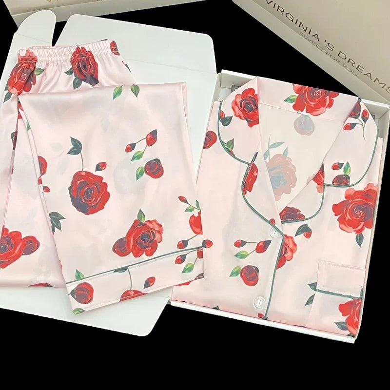 European Style Elegant Classy Fashion Trendy Female Lounges Aesthetics Print Spring Autumn Sleepwear for Women Y2k Sweet Pajamas