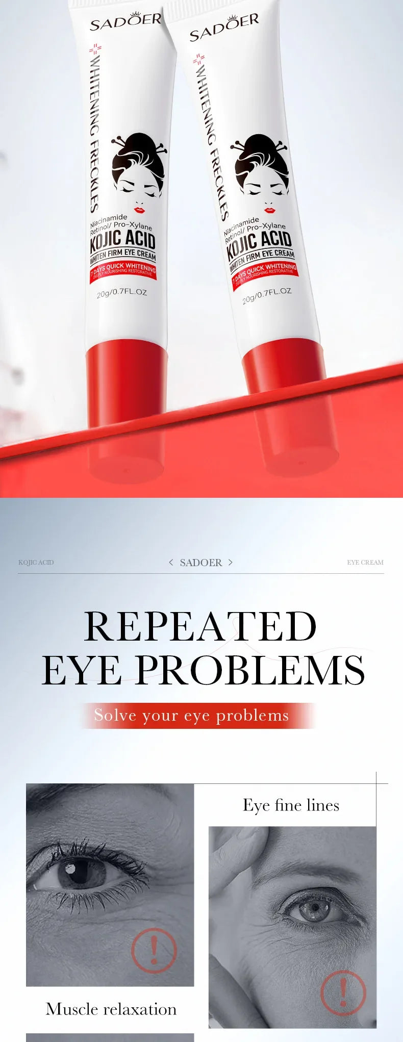 SADOER Kojic Acid Retinol Eye Cream Anti Dark Circles Remove Eye Bags Moisturizing Firming Beauty Eyes Skin Care Products