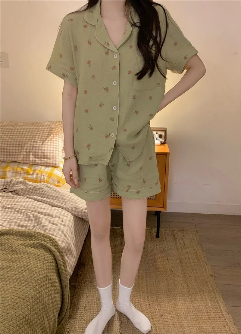Women's Pajamas Set Foam Cotton Sleepwear Button down Tops and Shorts Pajama 2 Piece Suit Femme Nightwear Loungewear for Summer