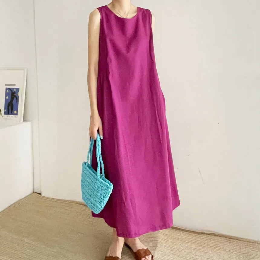Women New Dresses Cotton Linen Sleeveless Loose Casual O-Neck Long Dress Robes vestidos casuales платье женское