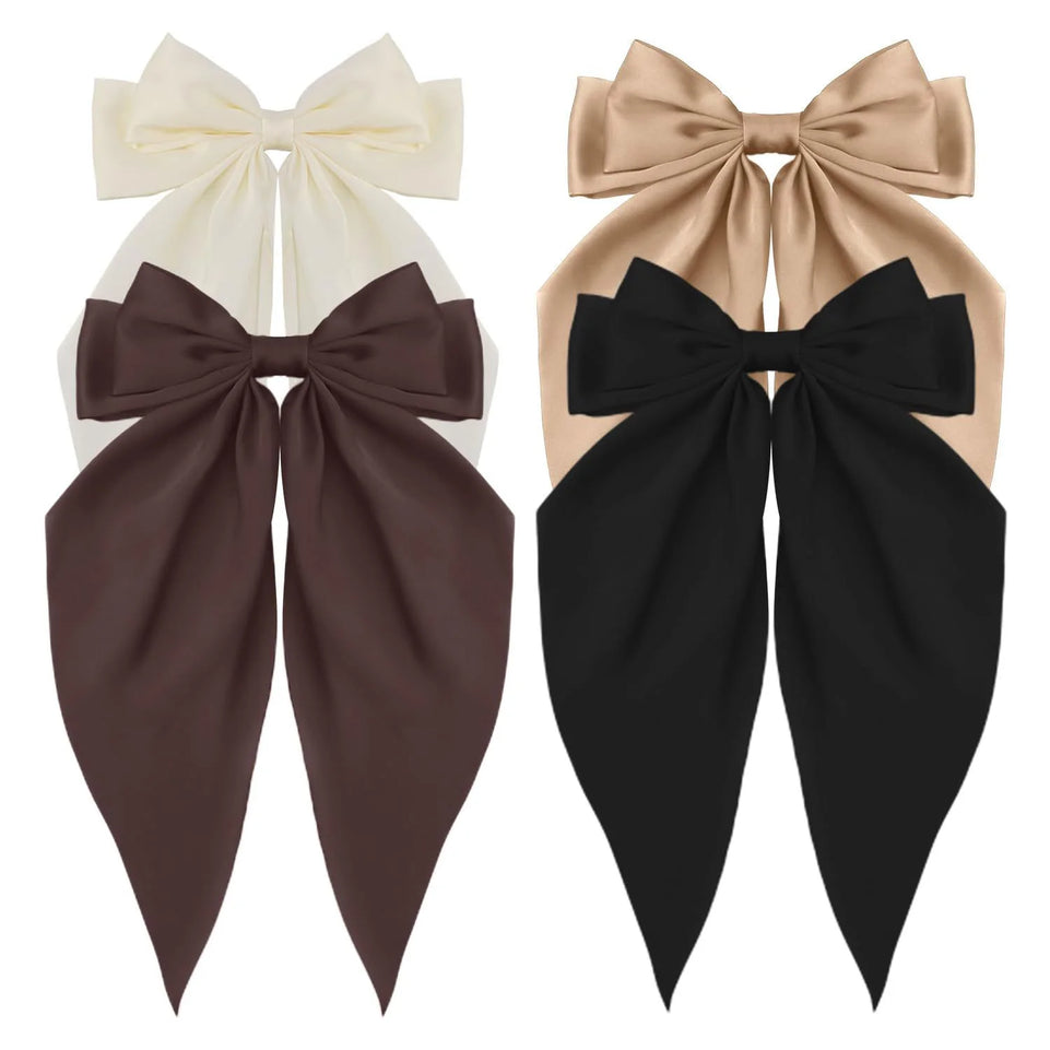 Korean Accessories Hair Clips for Women Girls Big Bowknot Solid Satin Long Ribbon Bows Spring Clamp Barette Cheveux Femme 2023