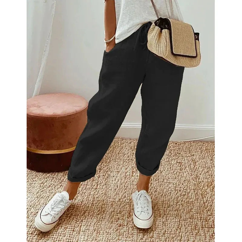 Women's Casual Pants Solid Color Drawstring Elastic Waist Trousers with Pockets Lounge Fashion Straight Pants