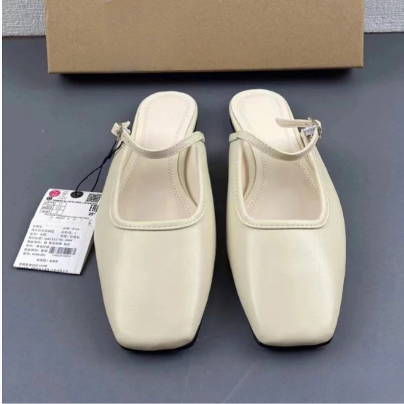 New Women Flats 2025 Square Toe Buckle Strap Breathable Mules Satin Leisure Slingbacks Chic Fashion Designer Shoes for Ladies