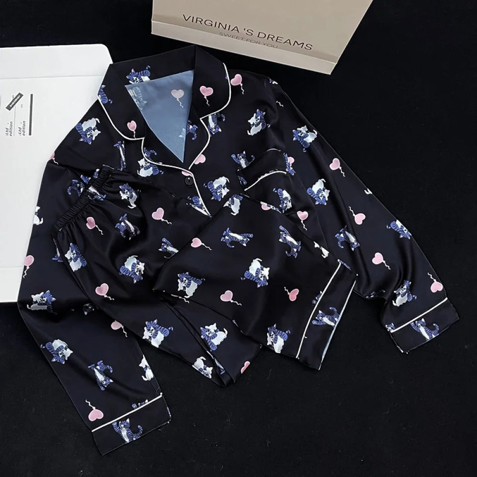 European Style Elegant Classy Fashion Trendy Female Lounges Aesthetics Print Spring Autumn Sleepwear for Women Y2k Sweet Pajamas