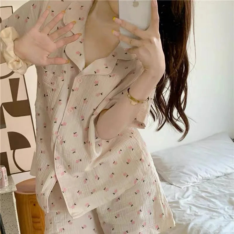 Women's Pajamas Set Foam Cotton Sleepwear Button down Tops and Shorts Pajama 2 Piece Suit Femme Nightwear Loungewear for Summer