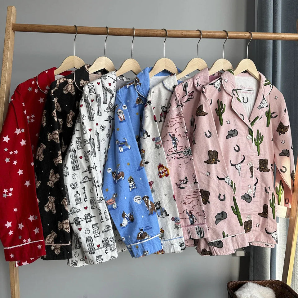 New Loungewear Women 2 Piece Set Pj Sets Loose Cartoon Women Outfit 100% Cotton Pajamas for Women Casual Sleepwear Set Pijamas