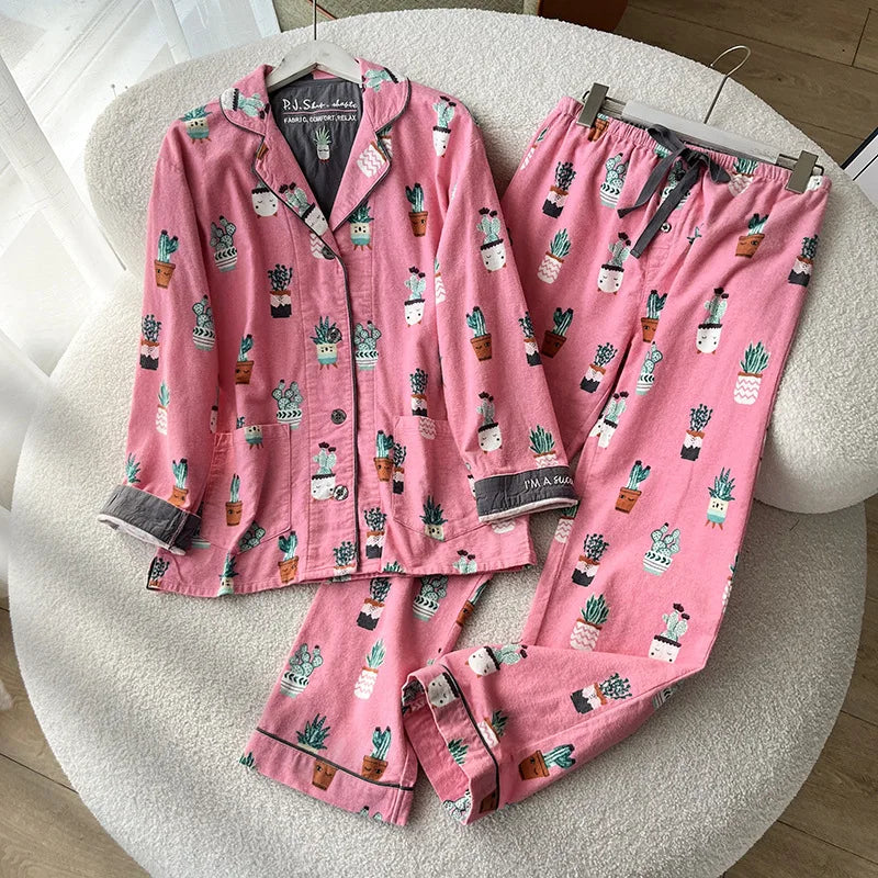 New Loungewear Women 2 Piece Set Pj Sets Loose Cartoon Women Outfit 100% Cotton Pajamas for Women Casual Sleepwear Set Pijamas