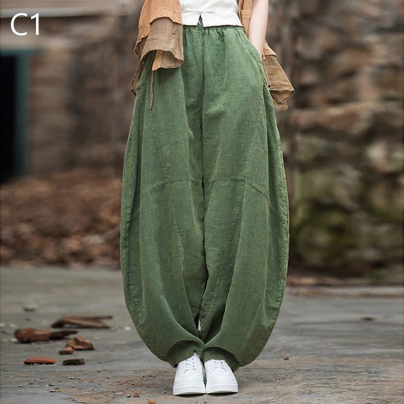 Women Vintage Literature Tie-dye Pants Summer Cotton Linen All-match Harem Pants Lady Casual Loose Bloomers Wide Leg Trousers