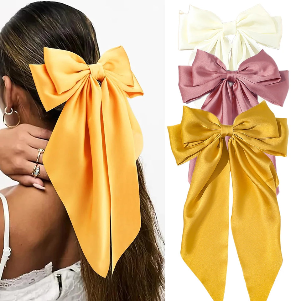 Korean Accessories Hair Clips for Women Girls Big Bowknot Solid Satin Long Ribbon Bows Spring Clamp Barette Cheveux Femme 2023