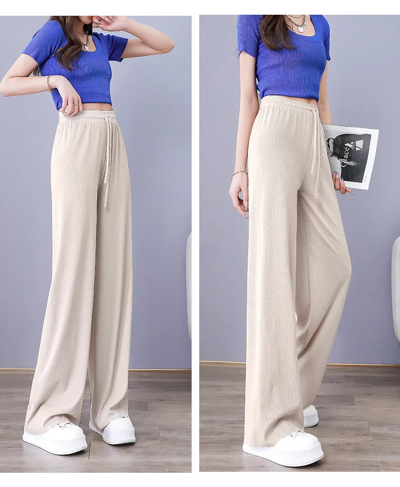 Women Long Pants Causal Elastic Waist Loose Basic Long Trousers For Female Spring Summer Wide Leg Long Pants
