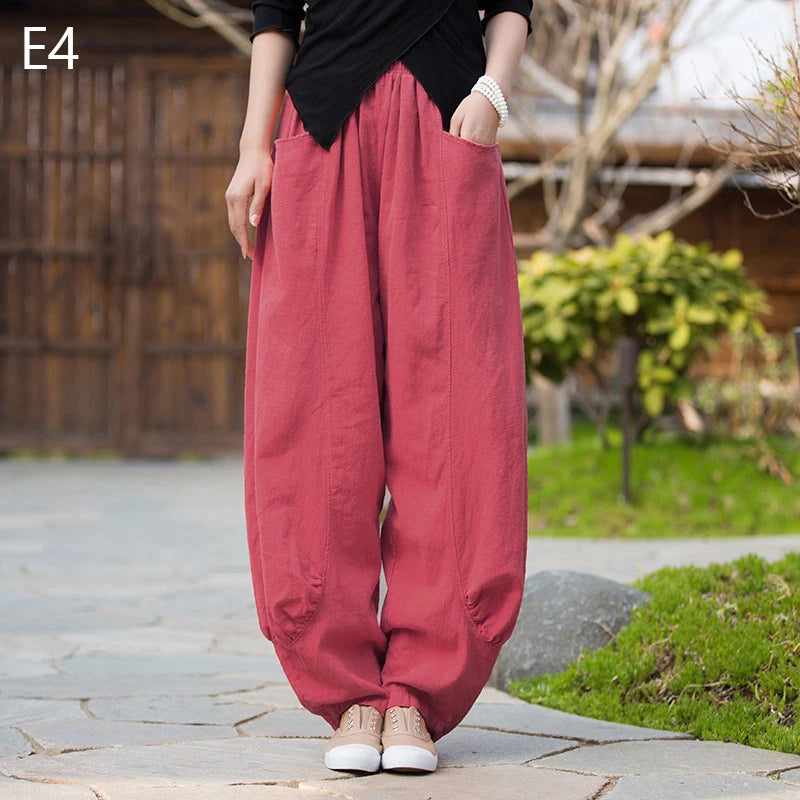 Women Vintage Literature Tie-dye Pants Summer Cotton Linen All-match Harem Pants Lady Casual Loose Bloomers Wide Leg Trousers